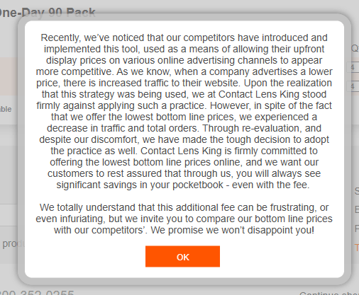 Contact Lens King pop-up explaining its processing fee.
