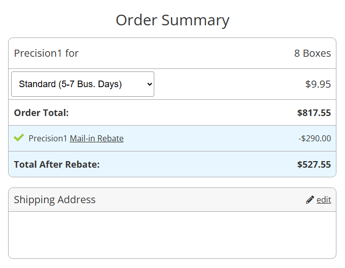Lens.com order summary showing order total, mail-in rebate, and total after rebate.