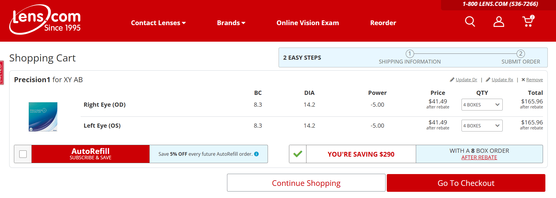 Lens.com cart showing contact lens prices after rebate and a $290 savings claim.