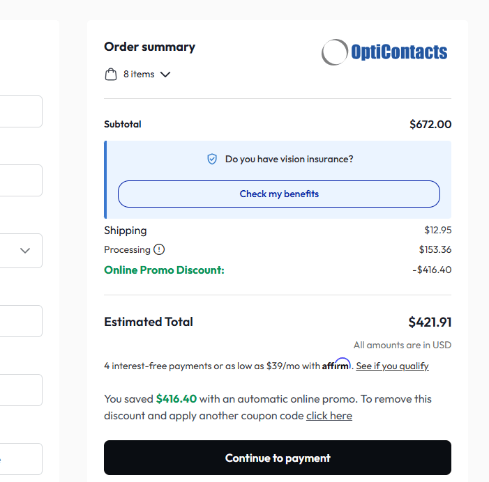 OptiContacts order summary showing a $153.36 processing fee.