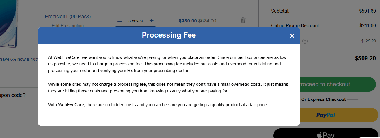 WebEyeCare pop-up explaining its processing fee.